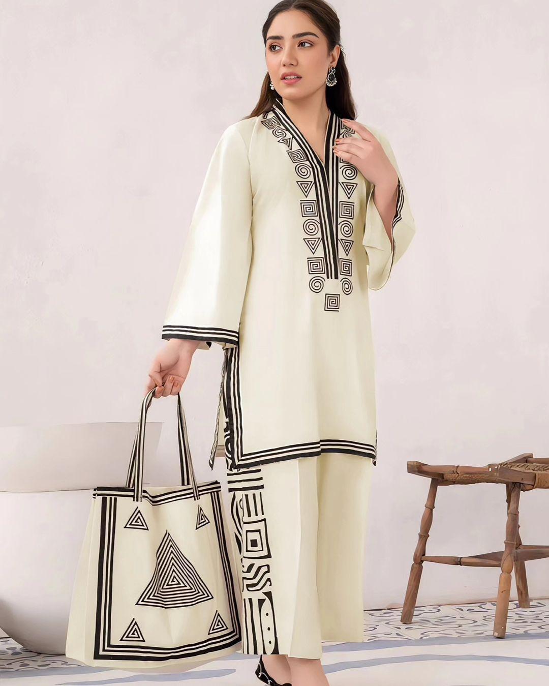 Stylish Embroidered Shirt And Trouser With Bag - 3 Pcs