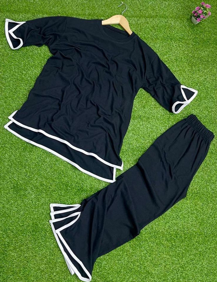 2 Pcs Women's Stitched Cotton Jersey Plain Co-Ord Set