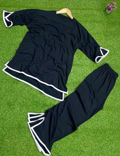 2 Pcs Women's Stitched Cotton Jersey Plain Co-Ord Set