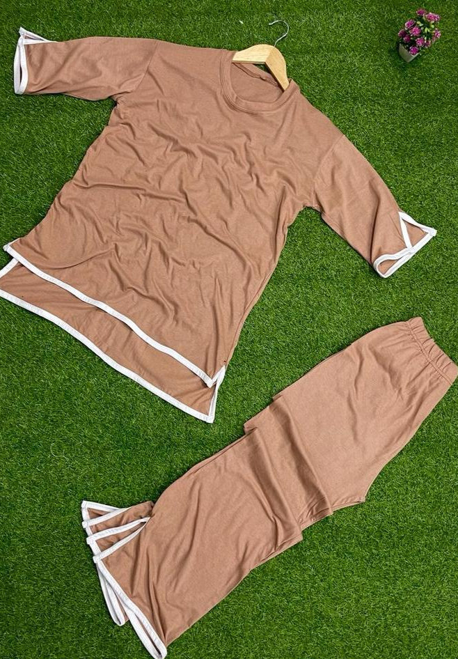 2 Pcs Women's Stitched Cotton Jersey Plain Co-Ord Set