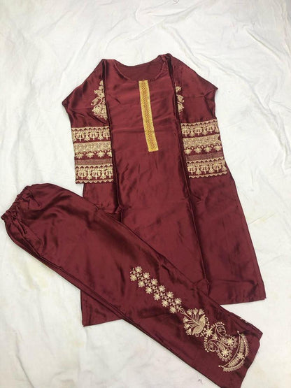 Women's Stitched Katan Silk Embroidered Suit