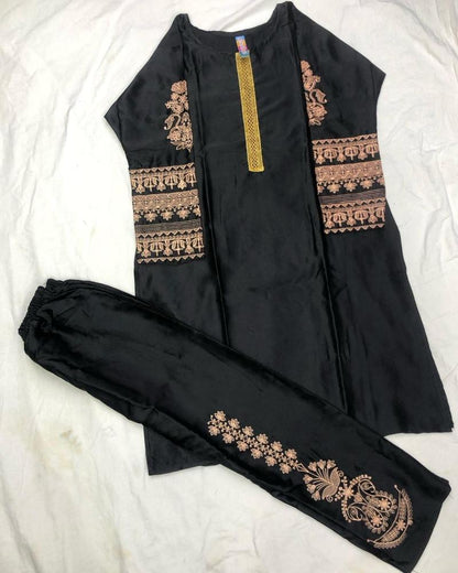 Women's Stitched Katan Silk Embroidered Suit