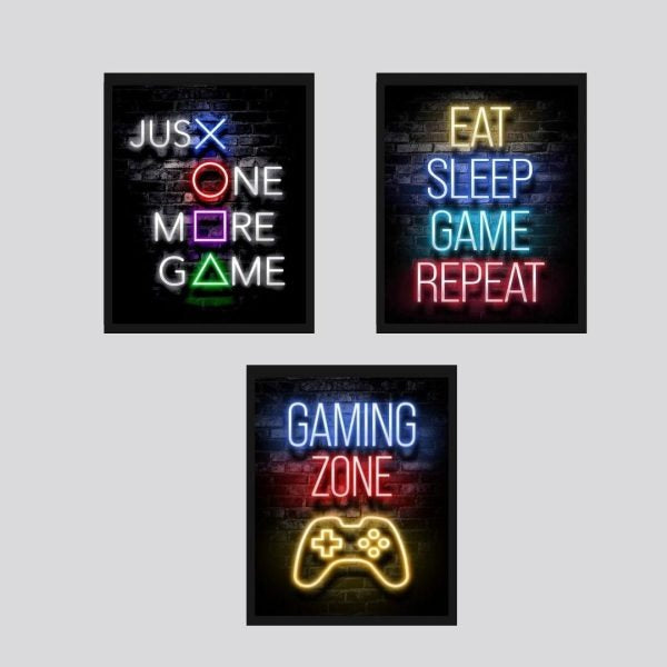 Set Of 3 Gaming Text Neon Wall Frames