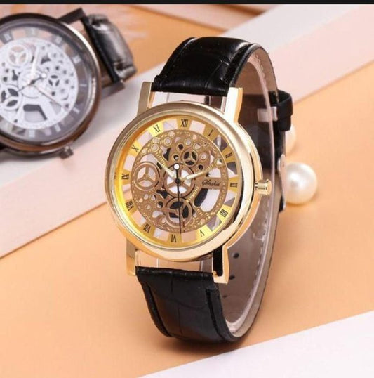 Stylish Leather Watch With Gold-tone