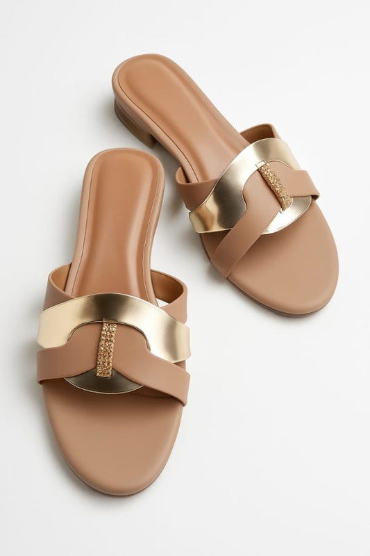 Women’s Tan & Gold Embellished Flat Sandals