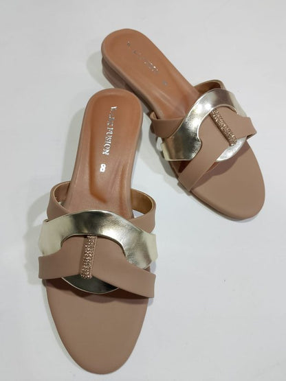 Women’s Tan & Gold Embellished Flat Sandals